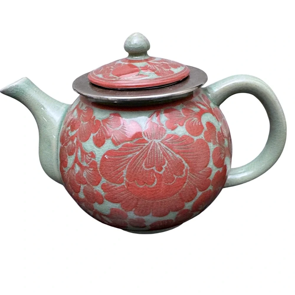 Gianna‎ Tea Set Floral Relief Ceramic Asian Inspired Teapot 3 Cups